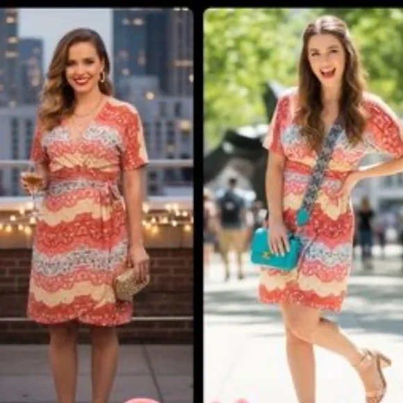 BCBGMaxAzria Y2K Women's Red and Cream Midi Dress size XXS - Picture 3 of 10